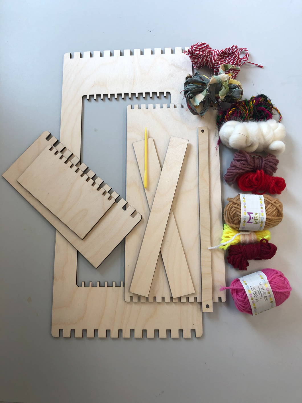 Laser cut looms, forks and shed sticks. 